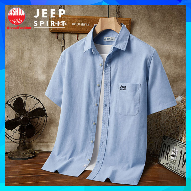 JEEP SPIRIT Short Sleeve Casual Men Shirt Baju Kemeja Lelaki Lengan Pendek Cotton Office Wear in White Blue Gray Pink