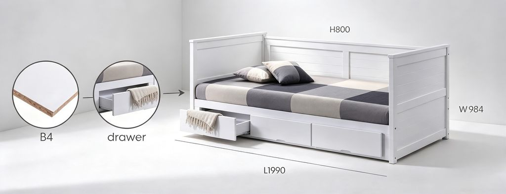 Wooden Daybed Drawer Storage Bedframe Single XLV 9301 - White - 2