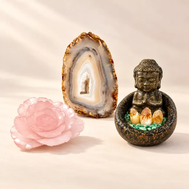 Rose quartz flower carving, agate geode and crystal display set on an ivory background