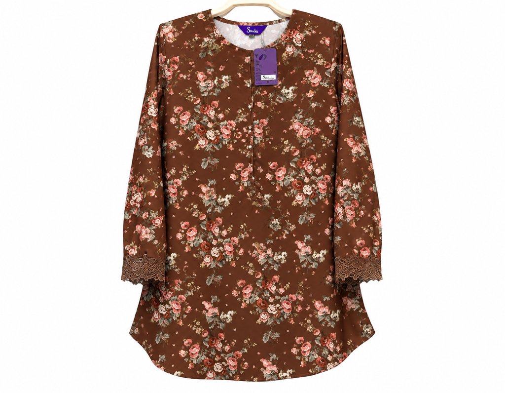 Brown Floral Tunic with Lace Cuffs