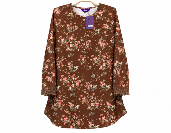 Brown Floral Tunic with Lace Cuffs