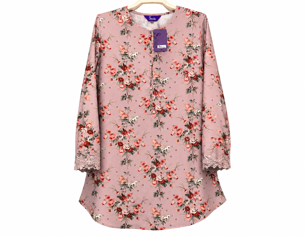 Floral Mauve Tunic with Lace Cuffs