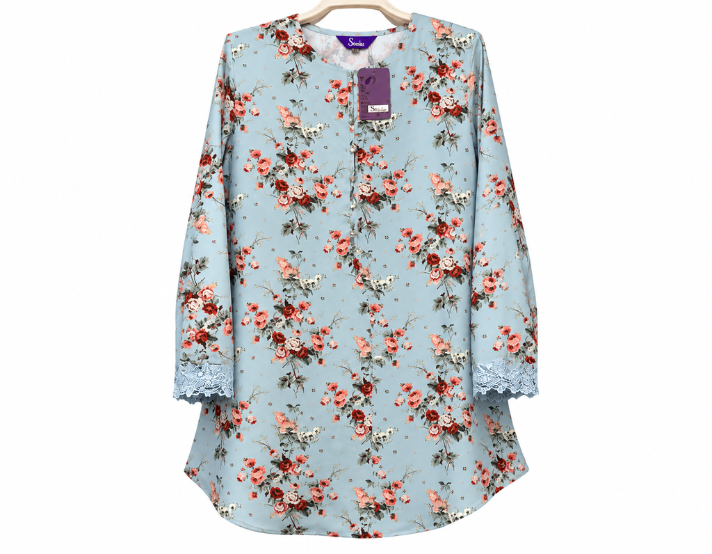 Light Blue Floral Tunic with Lace Cuffs