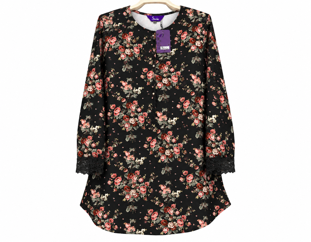 Floral Black Lace-Cuff Tunic