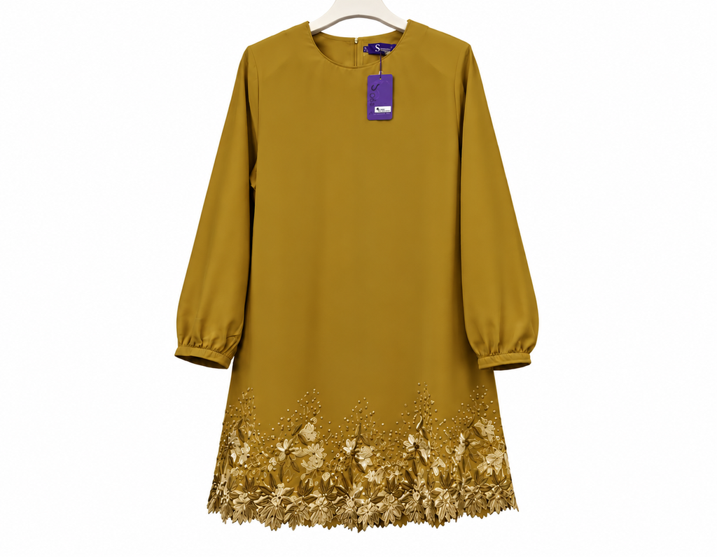 Mustard Dress with Floral Embroidered Hem