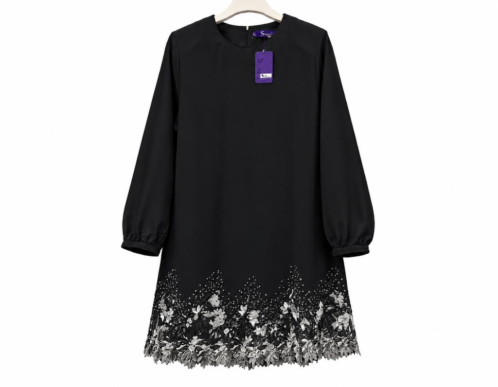 Black Floral-Lace Hem Dress