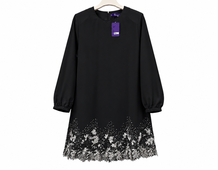 Black Floral-Lace Hem Dress