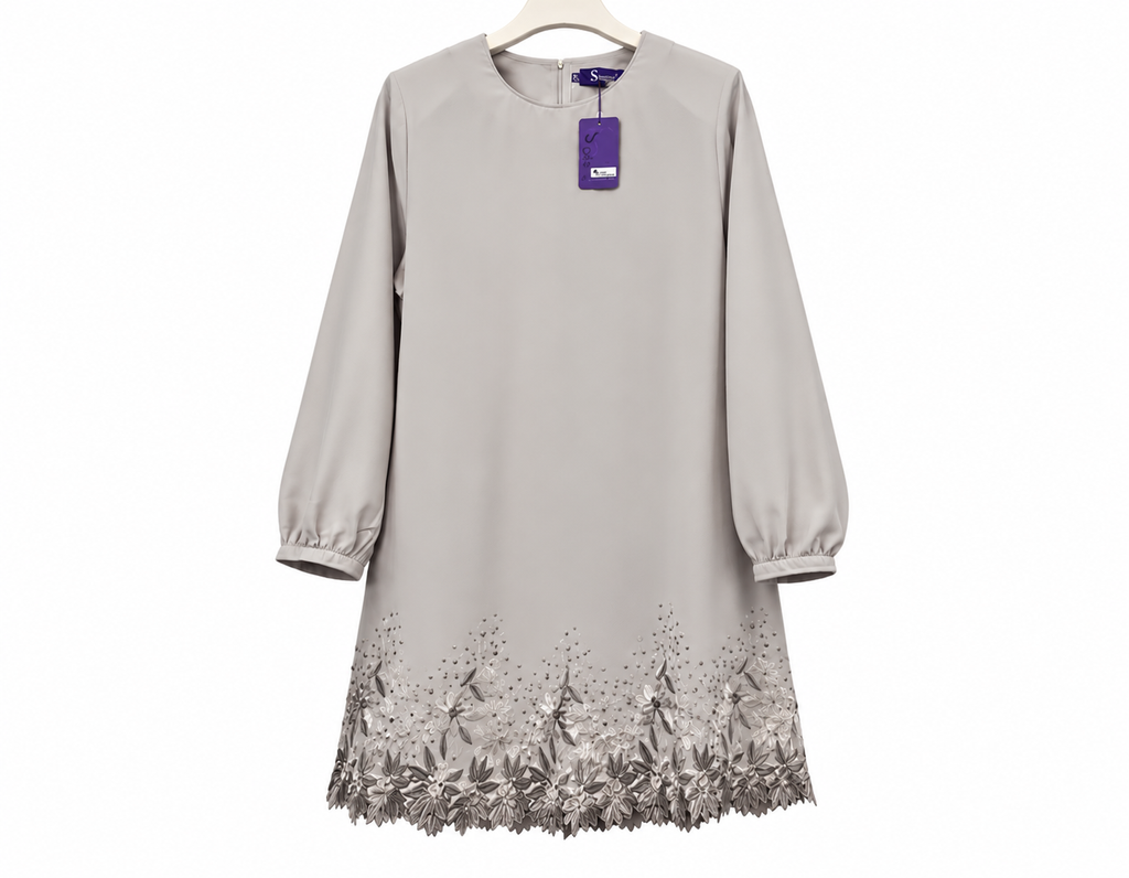 Light Grey Floral Hem Tunic Dress