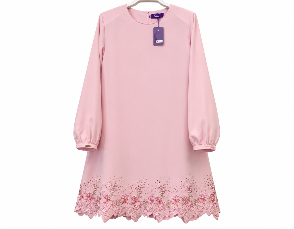 Pastel Pink Dress with Floral Embroidered Hem