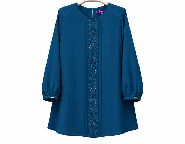 Teal Embroidered Tunic with Pleated Detail