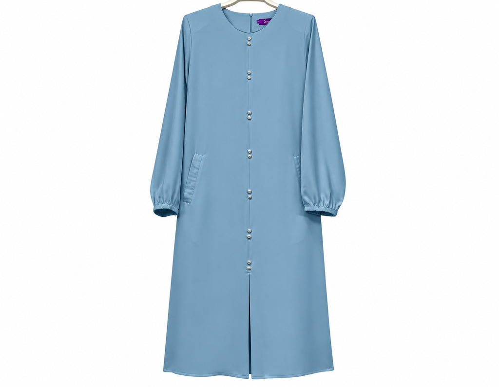 Dusty Blue Pearl-Button Modest Coat