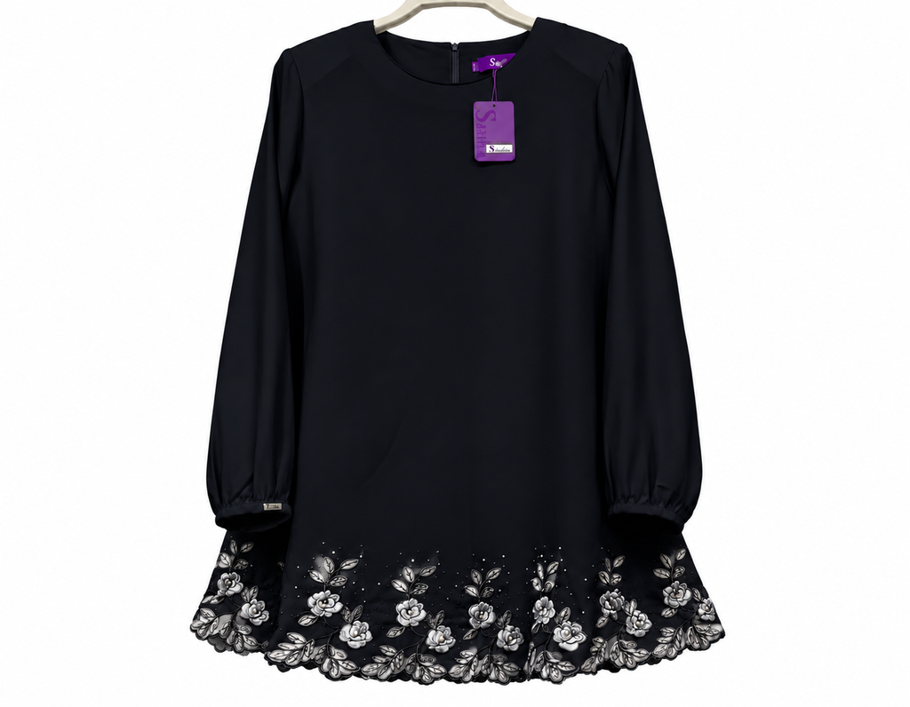 Black Tunic with Silver Floral Hem