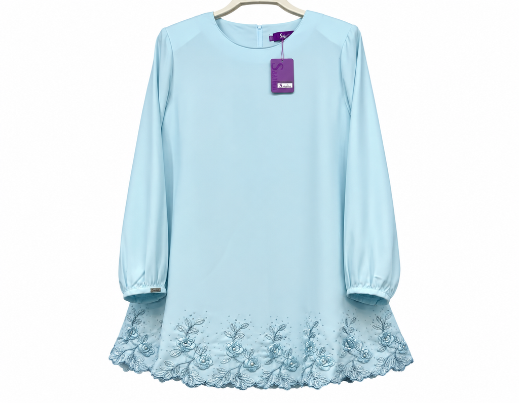 Pastel Blue Embroidered Sleeve Dress