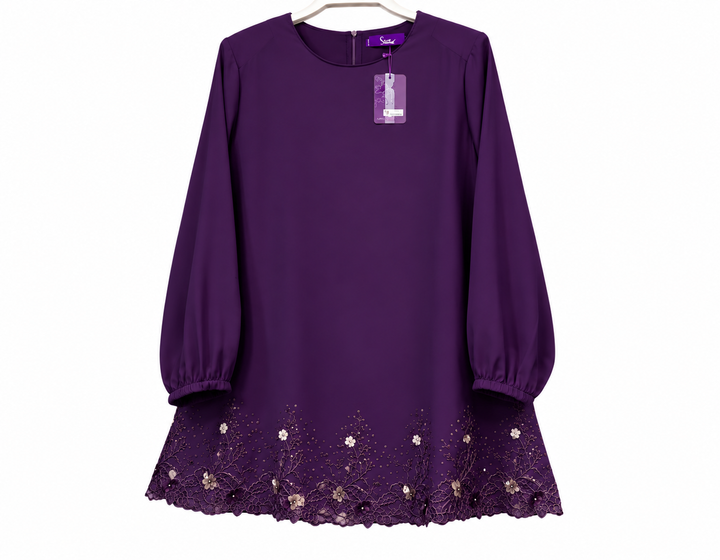 Plum Tunic with Floral Embroidered Hem