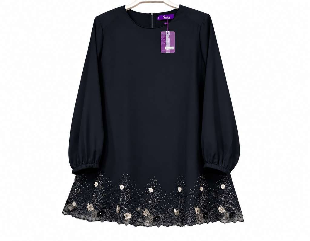 Navy Tunic with Floral Embroidered Hem