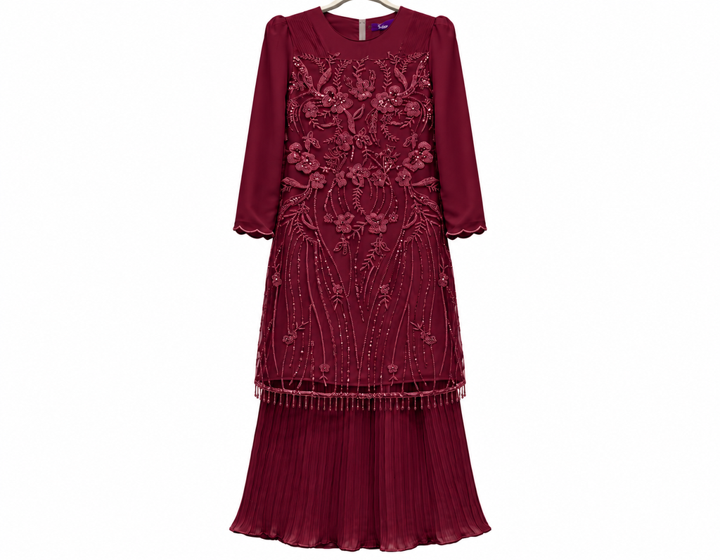Burgundy Embroidered Pleated Formal Dress