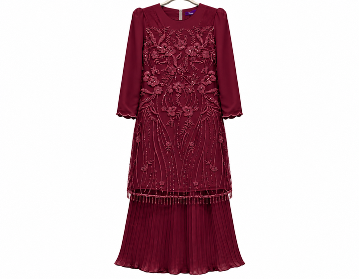 Burgundy Embroidered Pleated Formal Dress