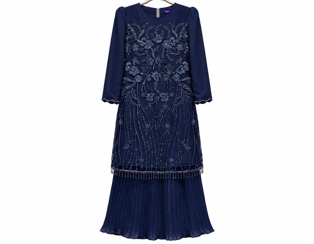 Embroidered Navy Pleated Dress Set