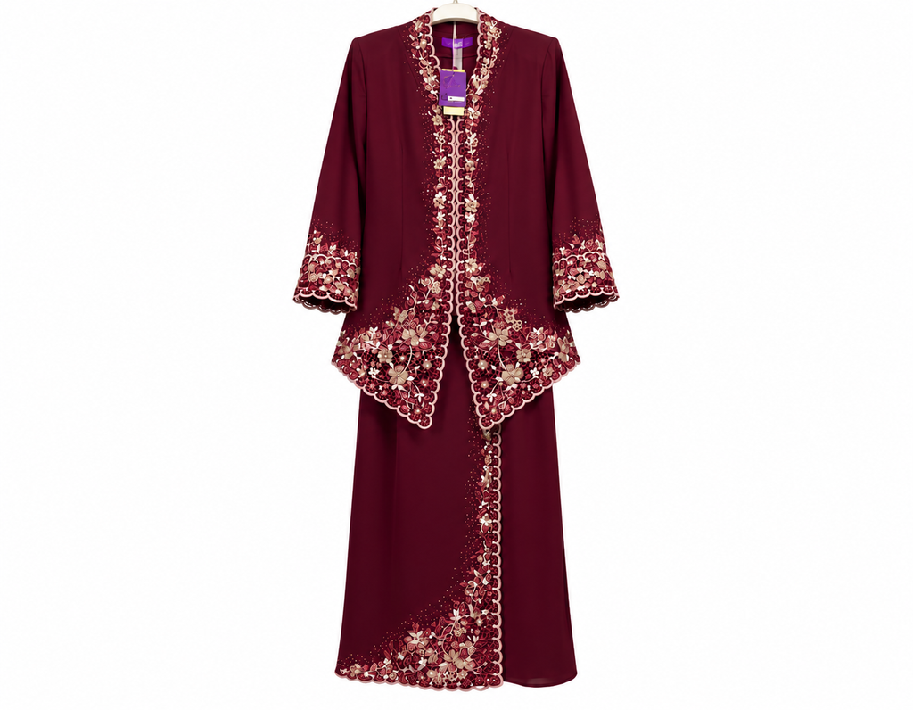 Burgundy Embroidered Kebaya Ensemble