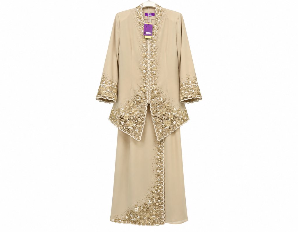 Elegant Beige Gold-Embroidered Abaya
