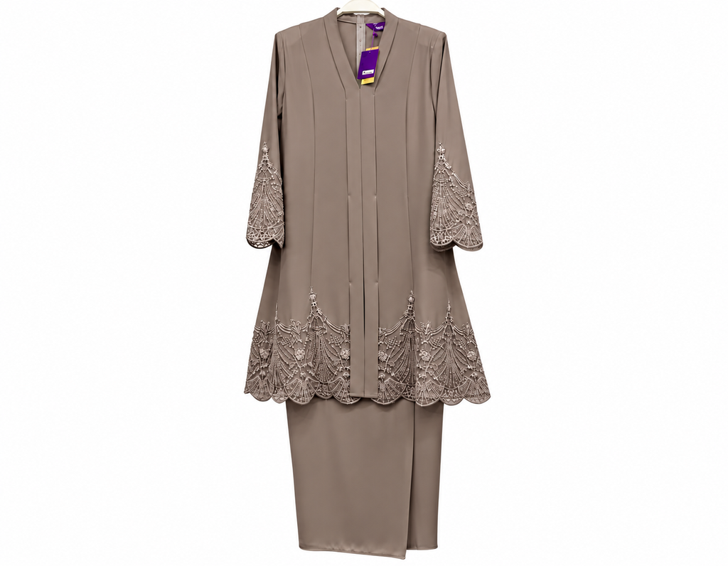 Taupe Lace-Embroidered Kebaya Ensemble