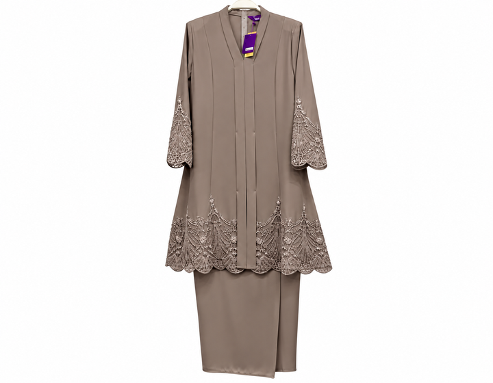 Taupe Lace-Embroidered Kebaya Ensemble