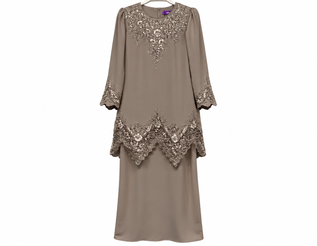 Taupe Embroidered Baju Kurung Set