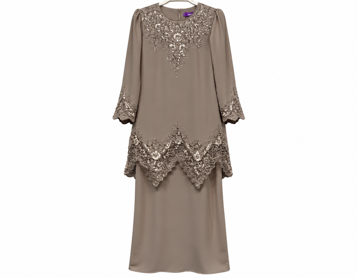 Taupe Embroidered Baju Kurung Set