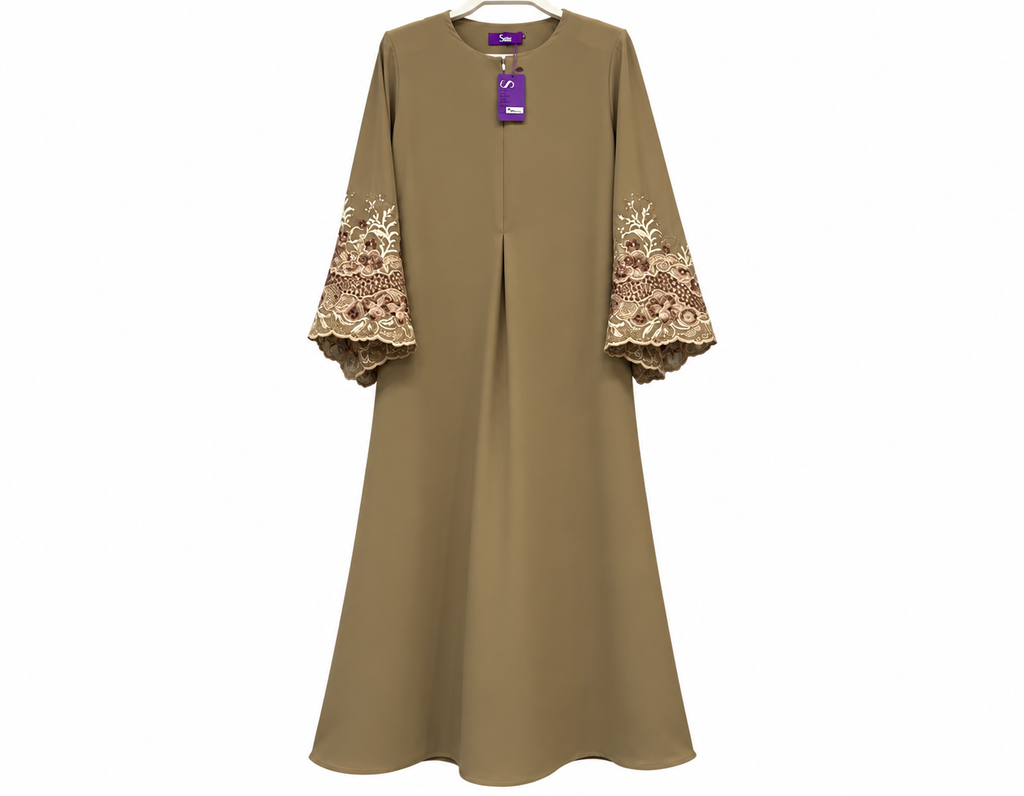 Olive A-Line Abaya with Embroidered Bell Cuffs