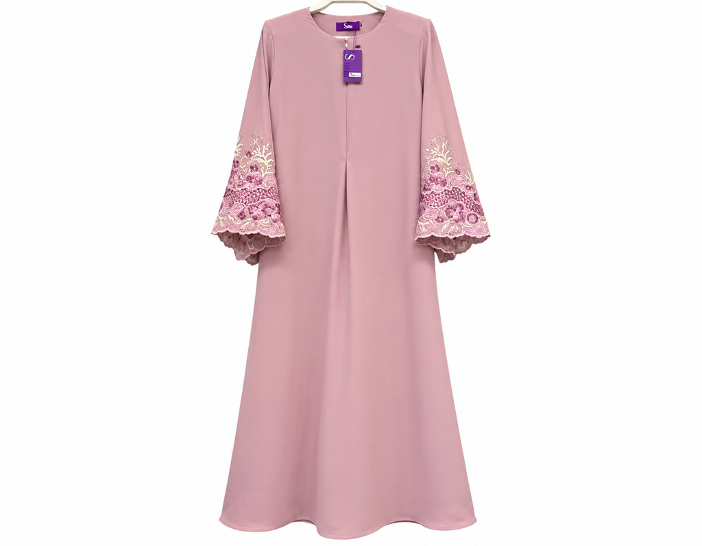 Dusty Pink Embroidered Lace Abaya