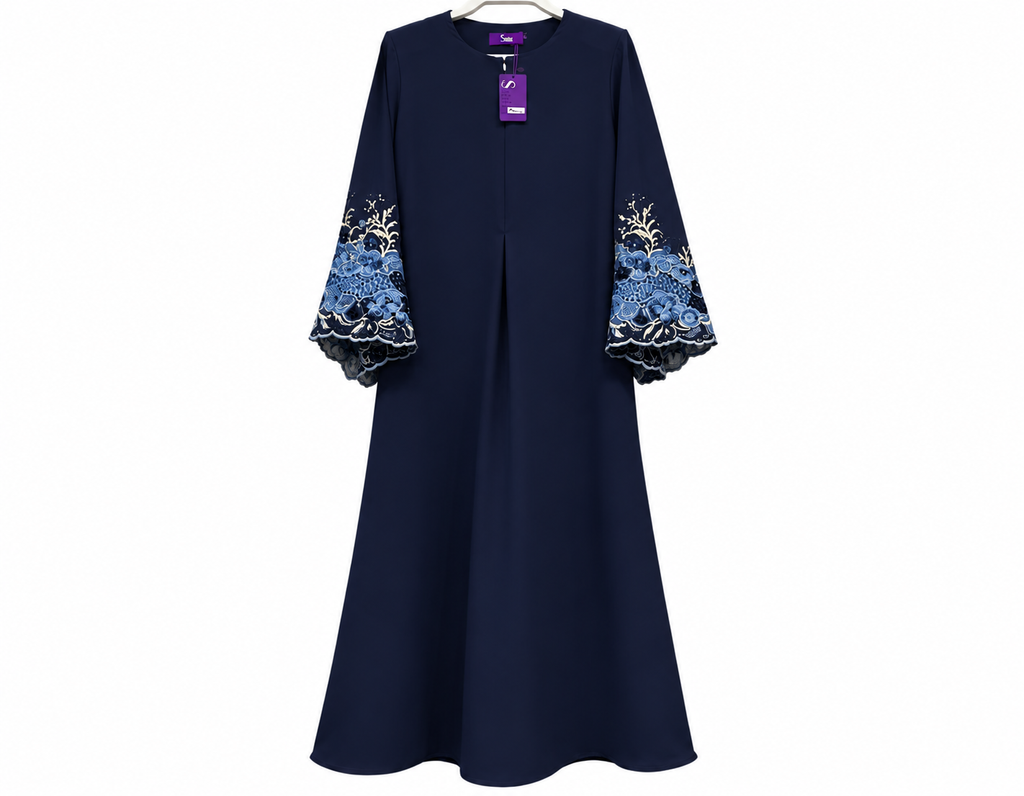 Navy Abaya with Floral Lace Sleeves