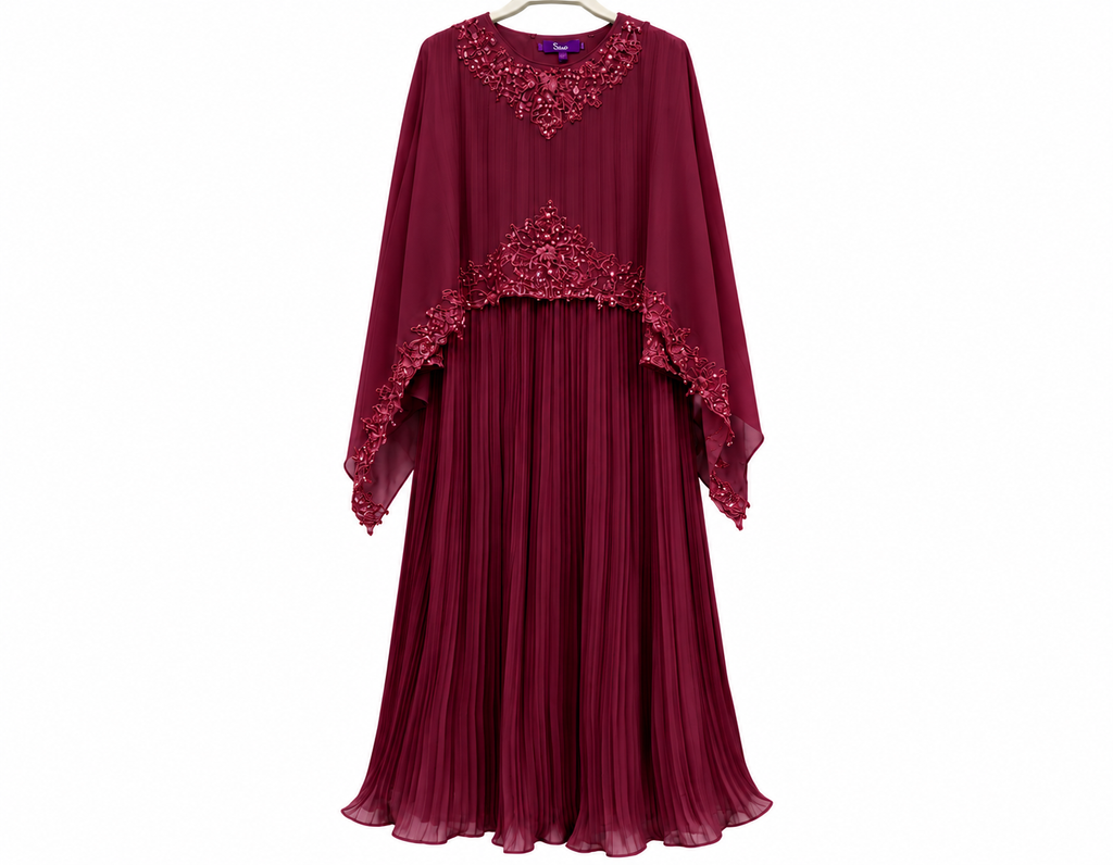Burgundy Pleated Embellished Gown