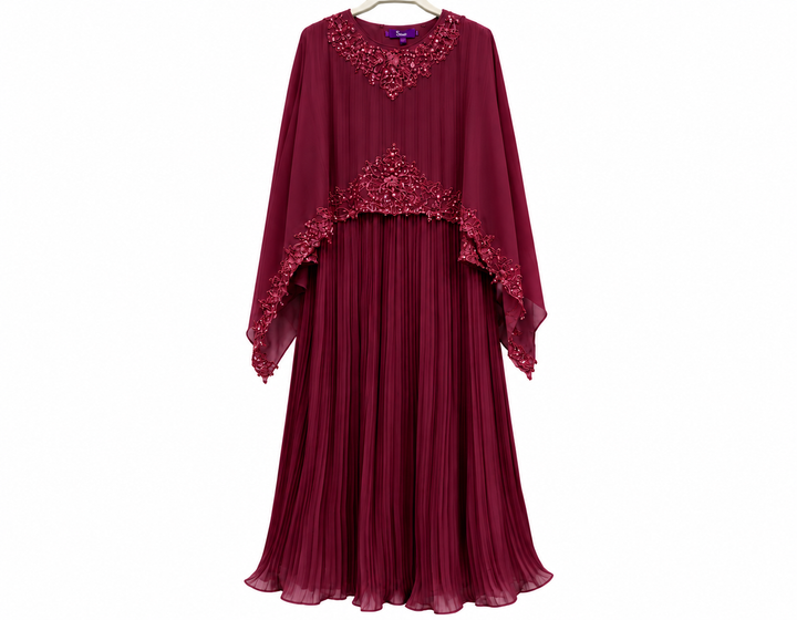 Burgundy Pleated Embellished Gown