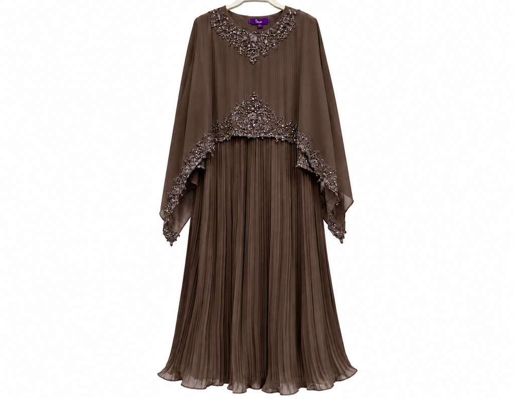 Elegant Brown Pleated Cape Gown