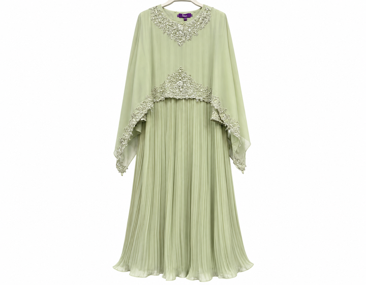 Mint Green Pleated Embroidered Abaya
