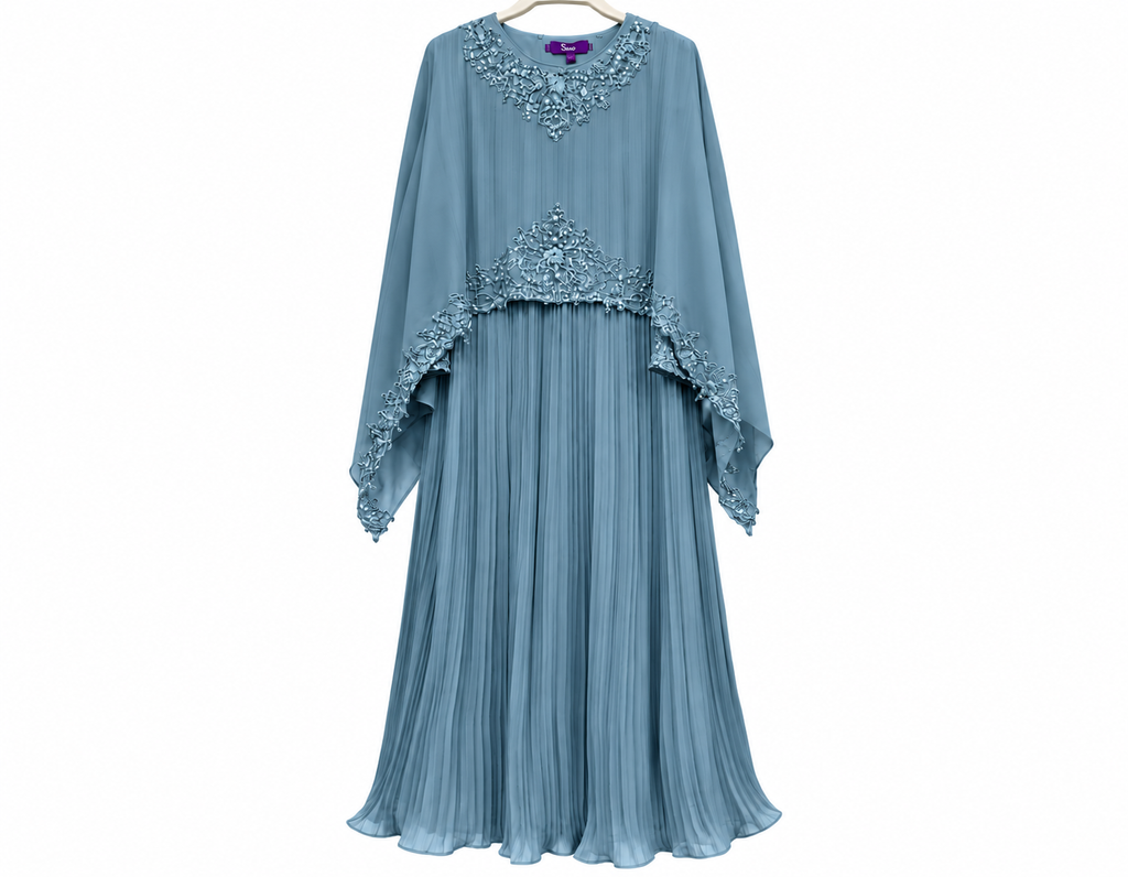 Elegant Blue Embroidered Pleated Abaya