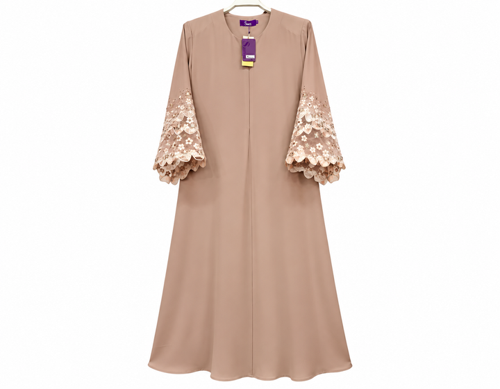 Dusty Taupe Abaya with Scalloped Lace Sleeves