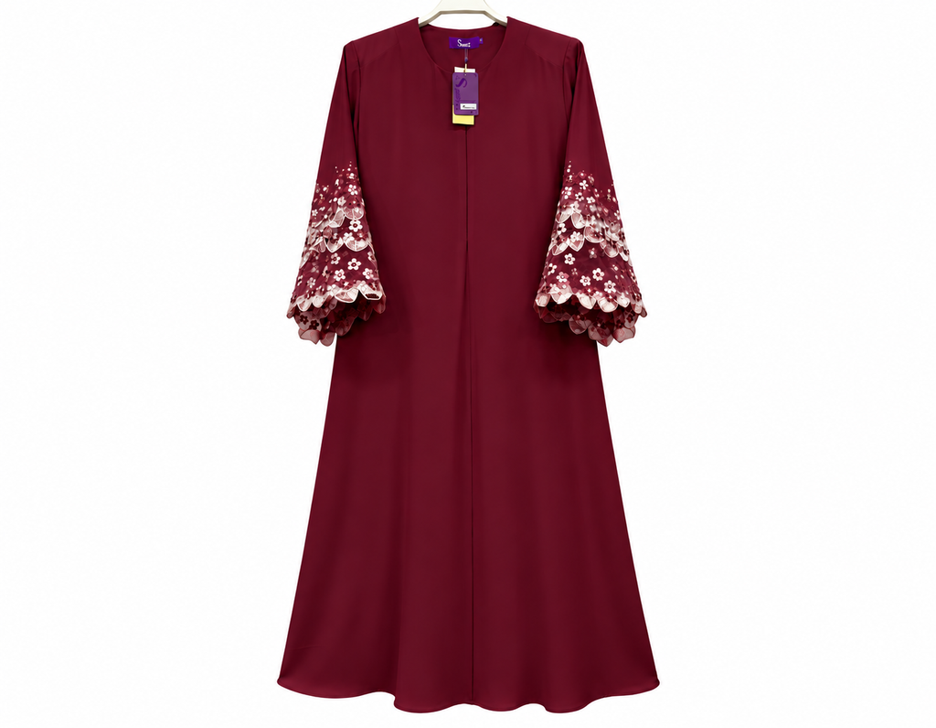 Elegant Maroon Abaya with Floral Lace Sleeves