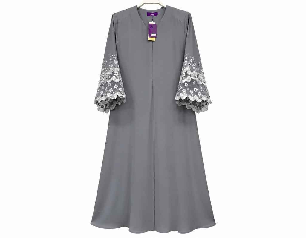 Elegant Gray Abaya with Floral Lace Sleeves