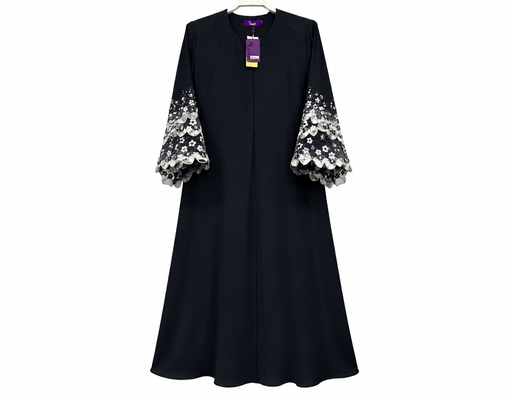 Elegant Navy Abaya with Floral Lace Sleeves