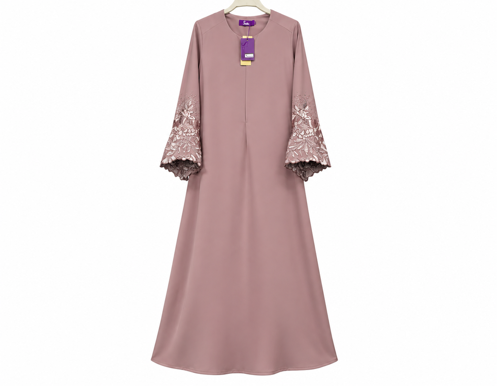 Dusty Mauve Lace-Sleeve Abaya