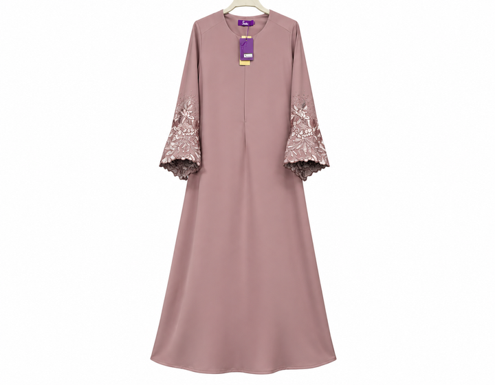 Dusty Mauve Lace-Sleeve Abaya