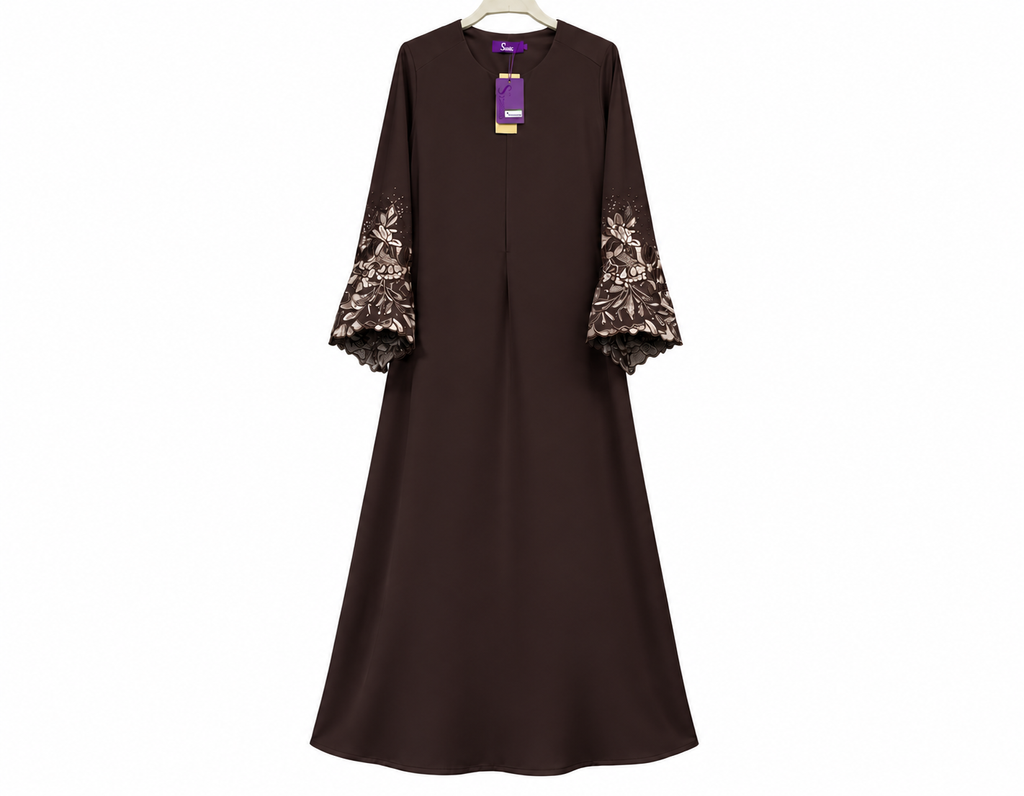 Elegant Espresso Abaya with Embroidered Sleeves