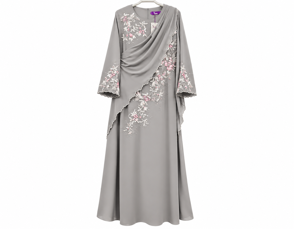 Elegant Silver Gray Floral Embroidered Abaya