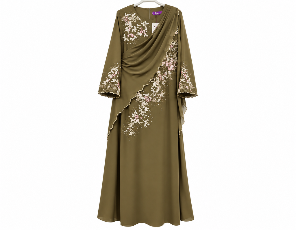 Olive Embroidered Draped Abaya