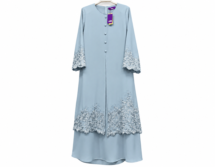 Pastel Blue Lace-Embroidered Abaya