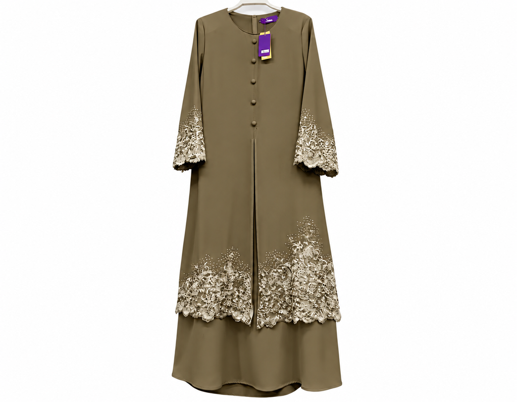 Olive Embroidered Lace-Trimmed Dress