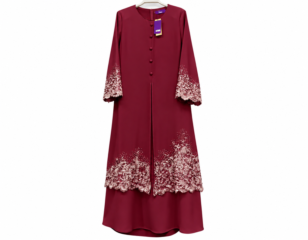 Elegant Burgundy Lace-Trimmed Abaya