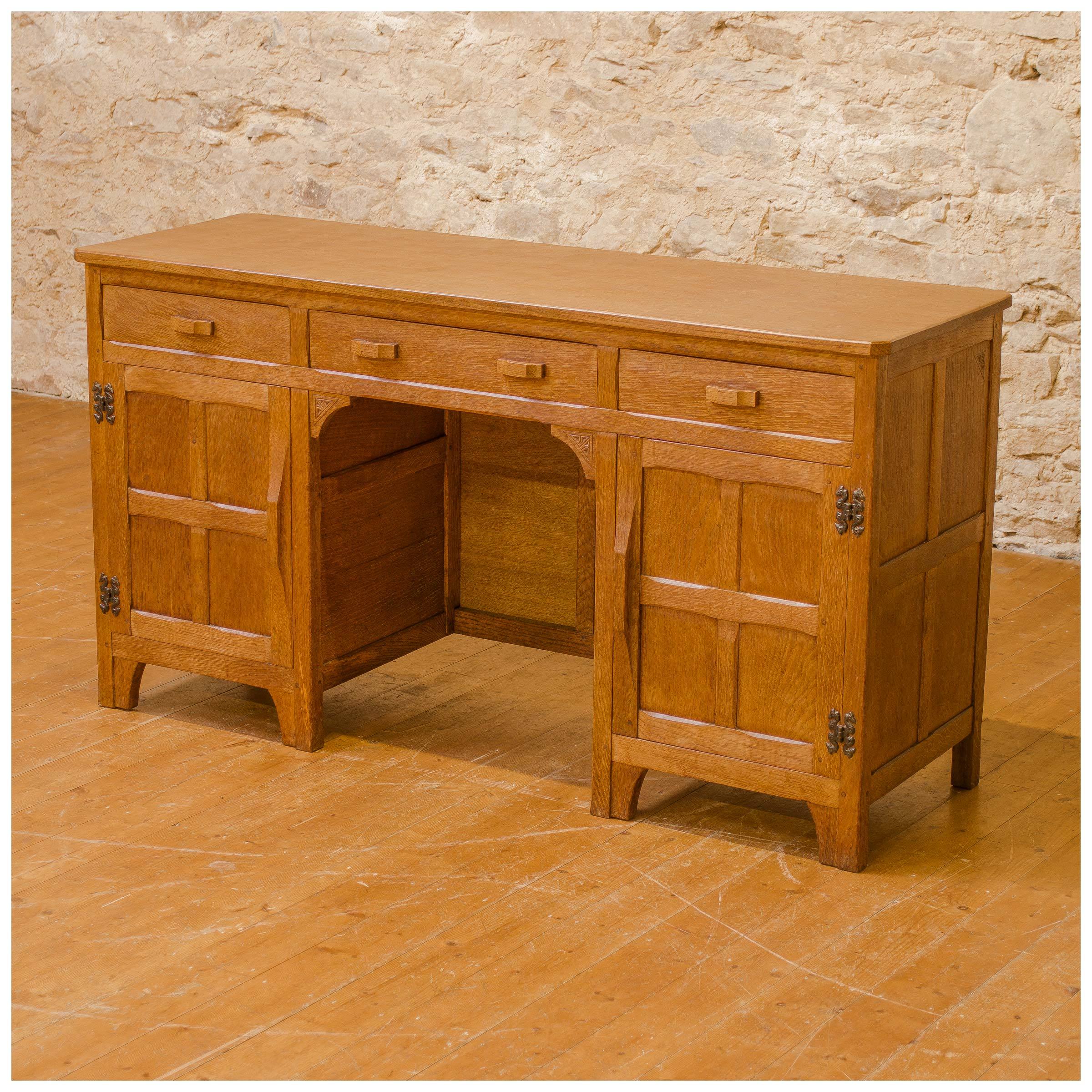 Kingpost Robert Ingham Arts & Crafts Yorkshire School Adzed Oak Desk c