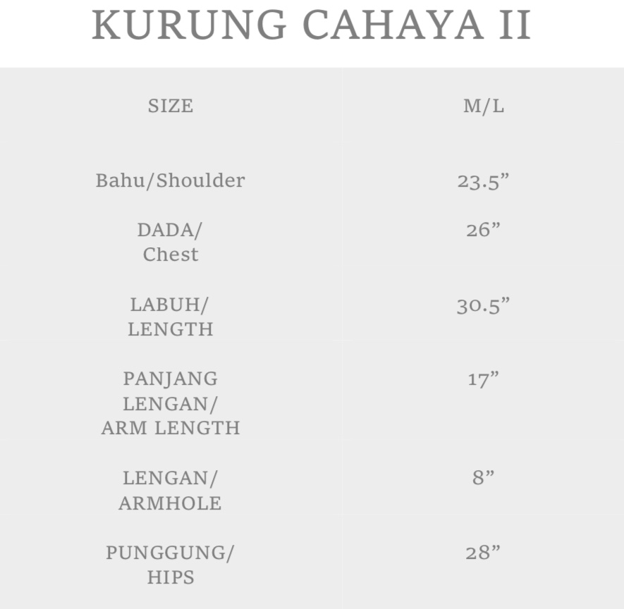 Kurung Cahaya II Size Measurement 